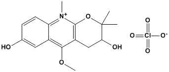 Molecular Structure of 80952-69-8 (2H-Pyrano[2,3-b]quinolinium,3,4-dihydro-3,7-dihydroxy-5-methoxy-2,2,10-trimethyl-, perchlorate(salt))